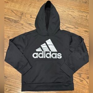 Adidas Boys Black Pullover Hoodie Size 8—Fleece-Lined Athletic Logo Sweatshirt